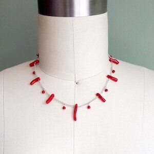 Red Coral Sterling Silver Beaded Gemstone Necklace Summer Beach Jewelry NWT!